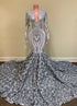 Long Sleeves V-Neck Sequins Lace Mermaid Prom Dress with Flowers Bottom