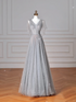 Sparkly Gray Tulle Sequins A Line Prom Dress Sexy V Neck Evening Dress Y8638
