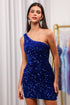 Bling Sheath One Shoulder Royal Blue Sequins Short Homecoming Dress with Keyhole