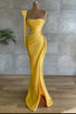 Yellow Long Mermaid Asymmetrical Beads Satin Prom Dress With Sleeves