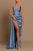 Simple Blue Satin Draped Mermaid Long Prom Dress with Slit