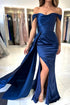 A-Line Stain Royal Blue Sweetheart Split Front Off-the-Shoulder Strapless Prom Dresses with Ruffles