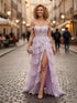 A-Line Off The Shoulder Appliques LaceTulle Corset Prom Dress with Slit