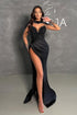 Black Split Front Halter Sweetheart Floor-Length Long Sleeves Stain Prom Dresses with Beadings