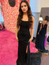 Black Beaded Sheer Corset Bodice Satin Prom Dress with Slit