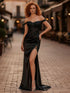 Black Off-the-Shoulder Lace Corset Satin Prom Dress with Slit