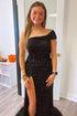Black One Shoulder Cap Sleeve Sequined Long Party Dress SYP93