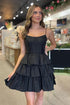 Black Straps Satin A-Line Short Corset Homecoming Dress With Bow PD543