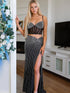 Black Two-Piece Rhinestone Sheer Corset Top Prom Dress with High Slit