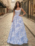 Blue Floral Brocade Pearl Long Corset Prom Dress