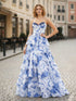 Blue Floral Strapless Chiffon Ruffle Corset Prom Dress with Slit