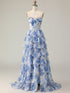 Blue Flower A Line Sweetheart Sequins Tiered Corset Long Prom Dress with Slit