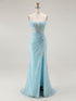 Blue Mermaid Spaghetti Straps Beaded Long Prom Dress with Slit