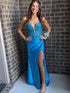 Blue Plunge Neck Sequin Appliques Mermaid Long Prom Dress
