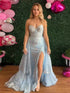 Blue Strapless Corset Bodice Sequin Prom Dress with Slit