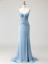 Blue Strapless Plunging V-Neck Beaded Corset Prom Dress with Slit