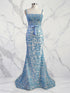 Blue Floral Mermaid Sweetheart Spaghetti Straps Long Corset Prom Dress