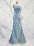 Blue Floral Strapless Pearl Beaded Ruched Long Corset Prom Dress