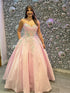 Blush Pink Floral Strapless Embroidered Satin Prom Dress with Pockets