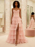 Blush Pink Strapless Tiered Ruffle Long Prom Dress