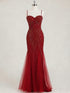 Burgundy Beaded Mermaid Tulle Prom Dress with Sheer Corset