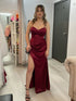 Burgundy Satin Spaghetti Strap Ruched Prom Dress with High Slit