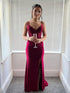 Burgundy Spaghetti Strap Floral Lace Bodice Prom Dress with Slit