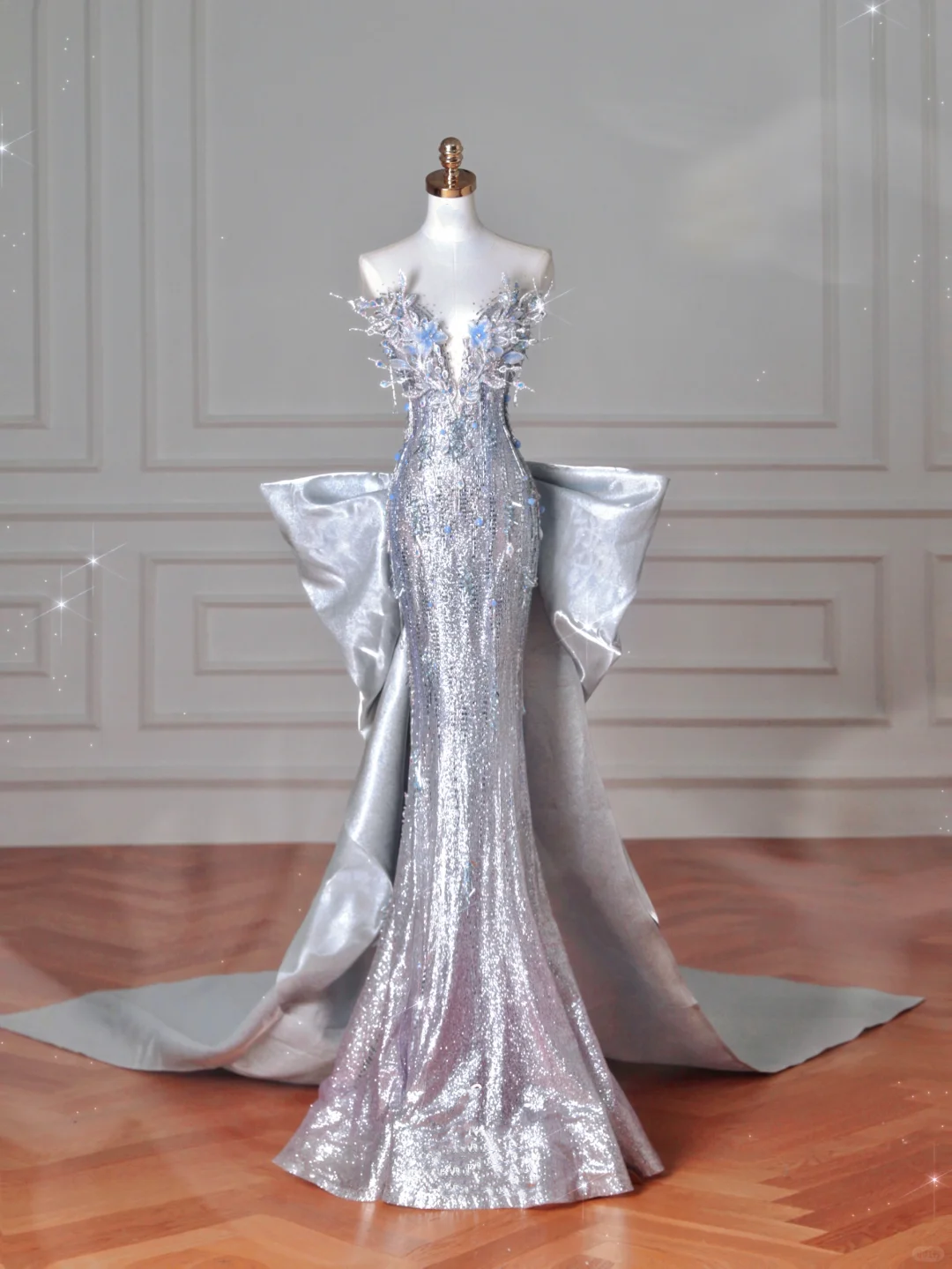 Luxury Silver Sequin 3D Beaded Mermaid Evening Dress Long Prom Dress With  Bow Y8640 – Alinepromdress