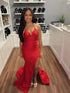 Captivating Red Satin Halter Prom Dress with High Slit