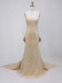 Champagne Gold Sequin Satin Train Mermaid Prom Dress with Bow