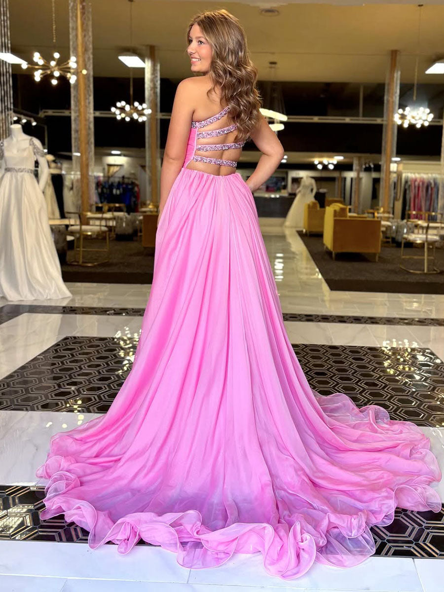 Crystal Beading One-Shoulder Chiffon Prom Dress with High Slit ...
