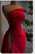 Red Asymmetrical Neckline Satin Pleated High Slit Evening Dress Charming Formal Gown Y379
