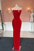 Designer Long Column Red Strapless Velvet Jewels Prom Dress