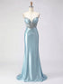 Dusty Blue Beaded Corset Satin Long Prom Dress