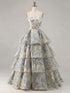Dusty Blue Floral Brocade Strapless Tiered Long Prom Dress