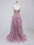 Dusty Rose Tulle A-Line Tiered Ruffles Prom Dress with Beaded Illusion Bodice