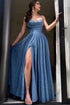 Elegant Long Blue A-line Spaghetti Straps Glitter Prom Dress With Slit