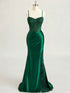 Emerald Green Ruched Waist Satin Corset Prom Dress with Sheer Lace Side Panel