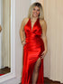 Fiery Red Satin Halter Prom Dress with High Slit