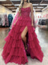 Fuchsia Strapless Tiered Ruffles Corset Prom Dress with Slit