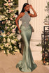 Glamorous Dusty Sage Long Mermaid High Neck Satin Sleeveless Lace Prom Dress