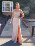 Glamorous Champagne Beaded Bodice Satin Prom Dress with High Slit