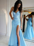 Blue Spaghetti Straps Linear Beaded Long Prom Dress with Slit