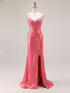 Glitter Mermaid Pleated Corset Long Prom Dress with Slit