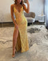 Gold Sequin V-Neck Spaghetti Straps Prom Dress with Slit