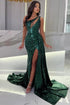 Gorgeous Long Dark Green One Shoulder Sleeveless Sequined Prom Dress With Slit