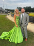 Green Mermaid Satin Sequin Beaded Long Prom Dress with Slit