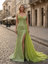 Green Sequin Tulle Train Prom Dress with Slit