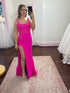 Hot Pink Satin Beaded Scoop Neck Bodice Prom Dress with Ruched Slit
