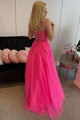 Hot Pink Tulle Lace A Line Long Prom Dresses, Appliques Evening Dresses With Lace Up GJS748